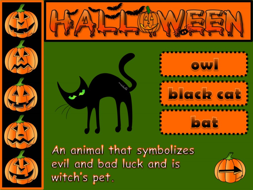 An animal that symbolizes evil and bad luck and is witch’s pet. owl black